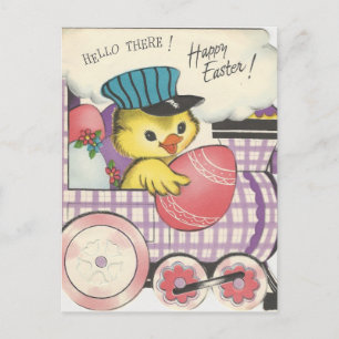 Vintage Easter Chick On Train Holiday Postcard