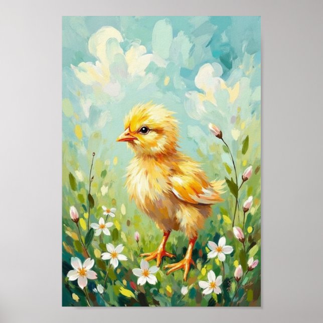 Vintage Easter Chick Spring Meadow Art Poster (Front)