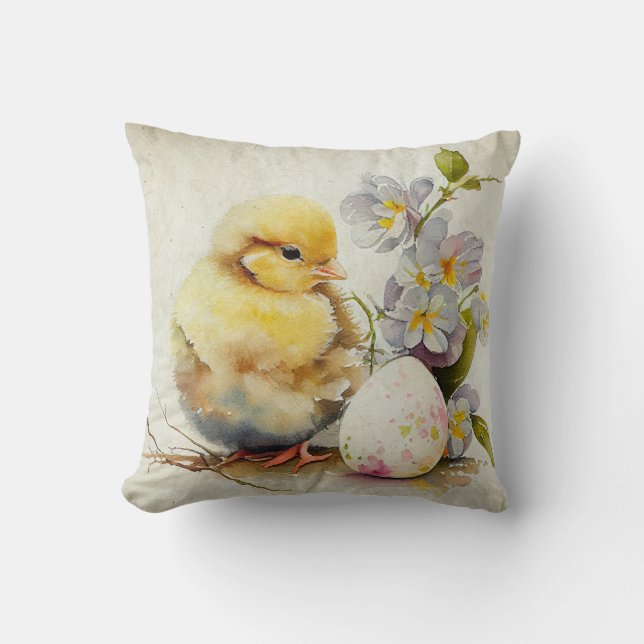 Vintage  Easter Chick with eggs and flowers Cushion (Front)