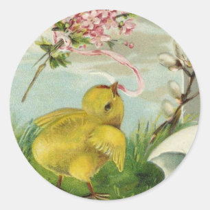 Vintage Easter Chick with Flowers Classic Round Sticker