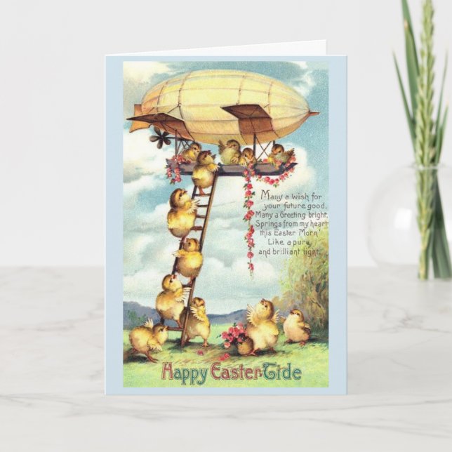 Vintage Easter Chicks Board a Blimp, Holiday Card (Front)