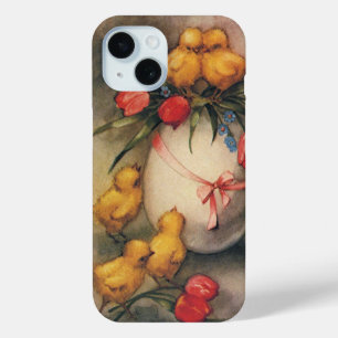 Vintage Easter Chicks, Egg with Red Tulip Flowers iPhone 15 Case