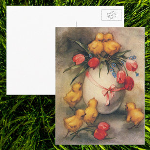 Vintage Easter Chicks, Egg with Red Tulip Flowers Holiday Postcard