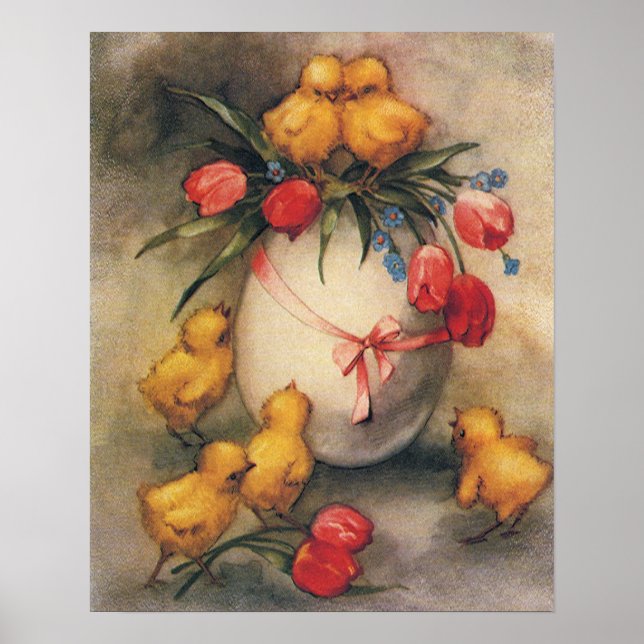 Vintage Easter Chicks, Egg with Red Tulip Flowers Poster (Front)