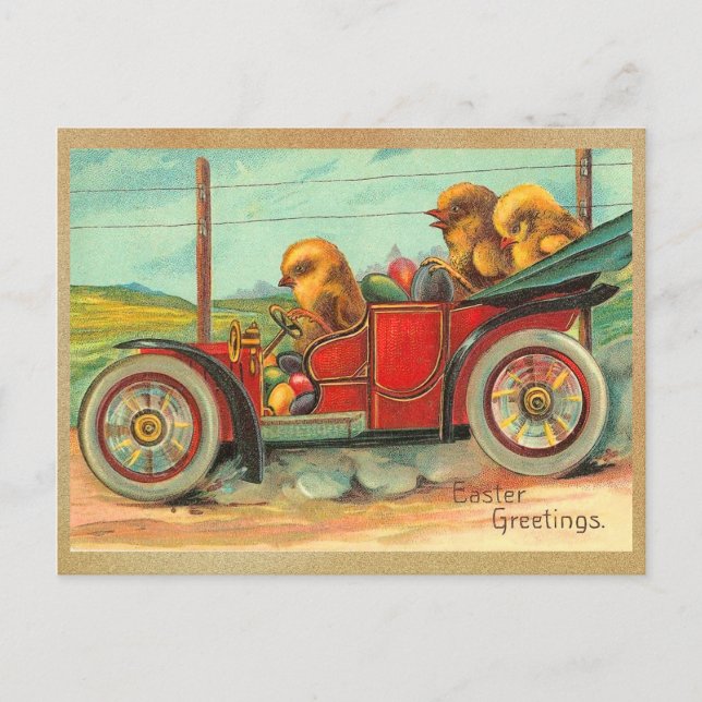 Vintage Easter Chicks in Automobile Holiday Postcard (Front)