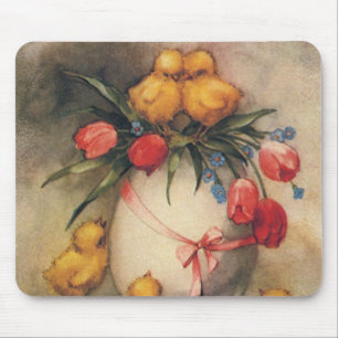 Vintage Easter Chicks with Red Tulip Flowers Mouse Pad