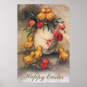 Vintage Easter Chicks with Red Tulip Flowers Poster
