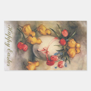 Vintage Easter Chicks with Red Tulip Flowers Rectangular Sticker