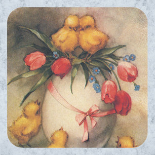 Vintage Easter Chicks with Red Tulip Flowers Square Sticker
