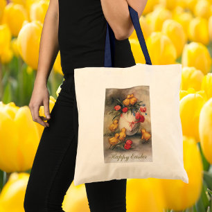 Vintage Easter Chicks with Red Tulip Flowers Tote Bag
