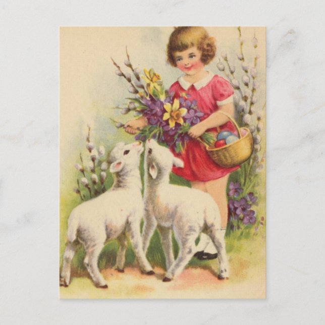 Vintage Easter Child and Lambs Postcard (Front)