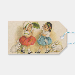 Vintage Easter Children Rabbits Bonnets Antique Gift Tags