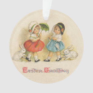 Vintage Easter Children Rabbits Bonnets Antique Ornament