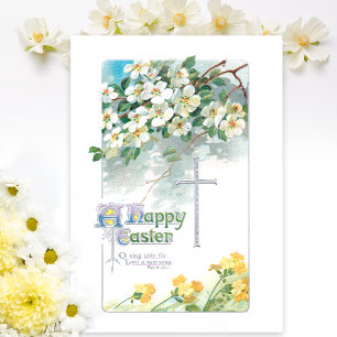 Vintage Easter Cross, Dogwood Blooms and Primroses Holiday Card