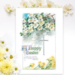 Vintage Easter Cross, Dogwood Blooms and Primroses Holiday Card