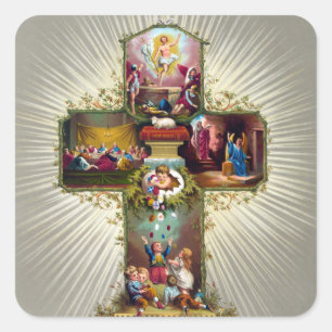 Vintage Easter Cross Religious Holiday Gold Square Sticker