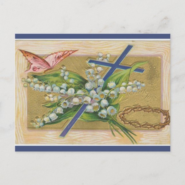 Vintage Easter Cross Thorns Flowers Butterfly Postcard (Front)
