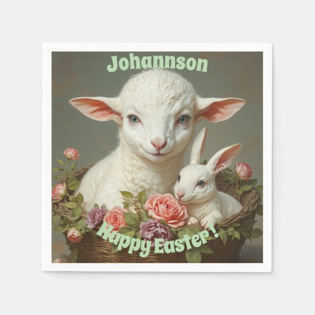 Vintage Easter Custom Personalise Lamb & Bunny  Napkin (Front)