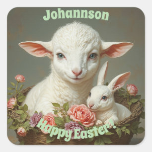 Vintage Easter Custom Personalise Lamb & Bunny  Square Sticker
