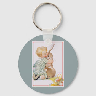 Vintage Easter, Cute Boy Child with Bunny Rabbit Key Ring