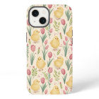 Vintage Easter Cute Yellow Chicks Red Tulips