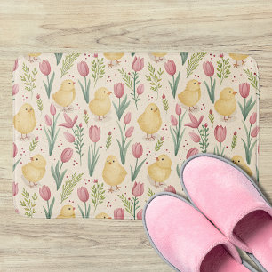 Vintage Easter Cute Yellow Chicks Red Tulips Bath Mat