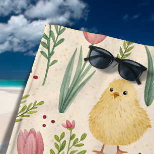 Vintage Easter Cute Yellow Chicks Red Tulips Beach Towel