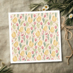 Vintage Easter Cute Yellow Chicks Red Tulips Napkin
