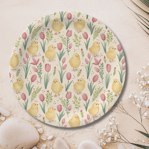 Vintage Easter Cute Yellow Chicks Red Tulips Paper Plate