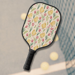 Vintage Easter Cute Yellow Chicks Red Tulips Pickleball Paddle