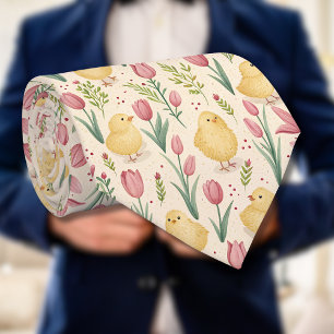 Vintage Easter Cute Yellow Chicks Red Tulips Tie