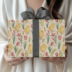 Vintage Easter Cute Yellow Chicks Red Tulips Wrapping Paper