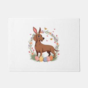 Vintage Easter Dachshund Bunny Dog with Floral Egg Doormat