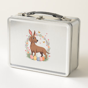 Vintage Easter Dachshund Bunny Dog with Floral Egg Metal Lunch Box