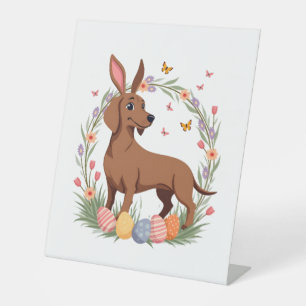 Vintage Easter Dachshund Bunny Dog with Floral Egg Pedestal Sign