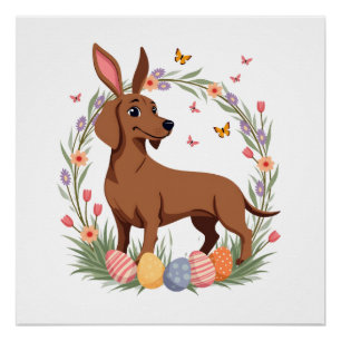 Vintage Easter Dachshund Bunny Dog with Floral Egg Poster