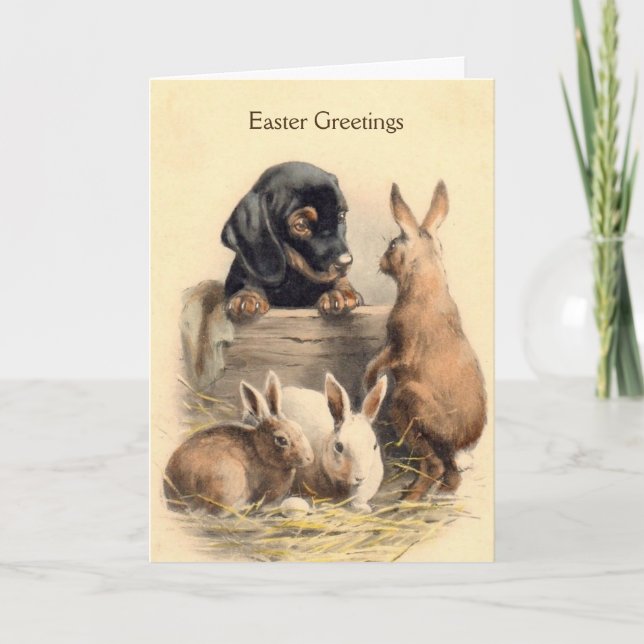 Vintage Easter - Dachshund Puppy & Bunnies, Holiday Card (Front)