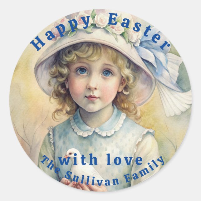 Vintage Easter Dove Girl Flowers.  Classic Round Sticker (Front)