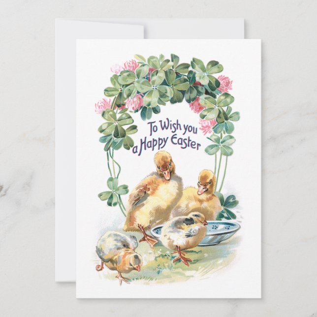 Vintage Easter Ducklings, Chicks and Clover Holiday Card (Front)