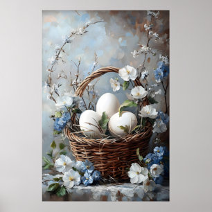 Vintage Easter Eggs Flower Basket Print, Spring Poster