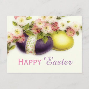 Vintage Easter Eggs with cherry blooms Holiday Postcard