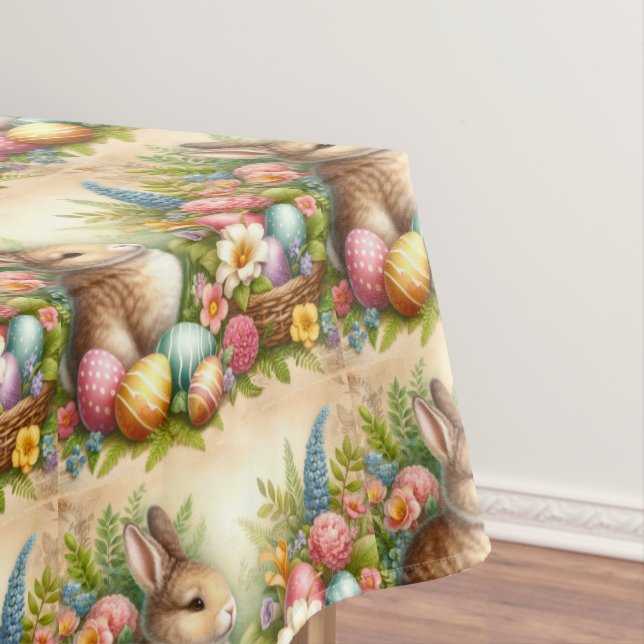 Vintage Easter Floral / Bunny Rabbit Tablecloth (In Situ)