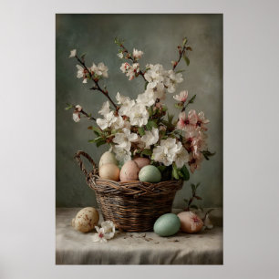 Vintage Easter Flower Basket Egg Print, Farmhouse Poster