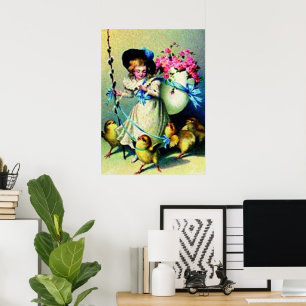 Vintage Easter Girl and Baby Chicks Poster