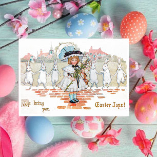 Vintage Easter Girl and Easter Bunnies Dancing Holiday Card