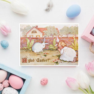 Vintage Easter Girl and Easter Bunny Holiday Card