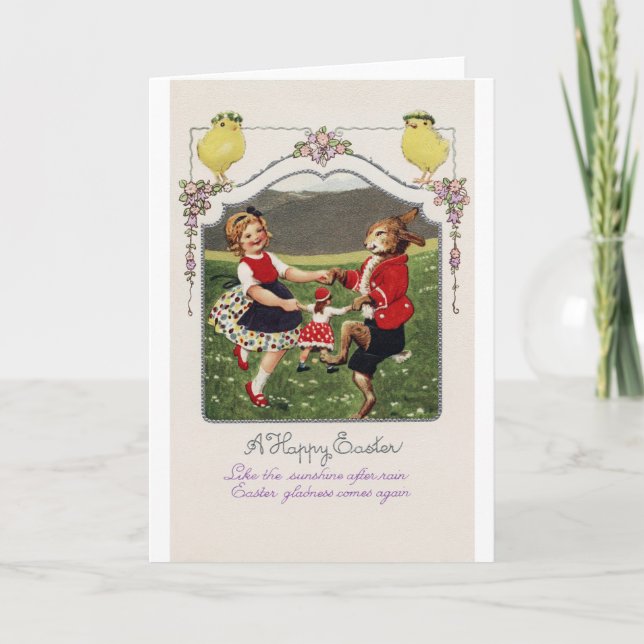 Vintage Easter Girl Bunny Chick Card (Front)