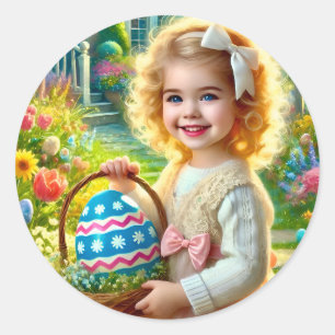 VINTAGE EASTER GIRL ~ EGG WOW!  CLASSIC ROUND STICKER