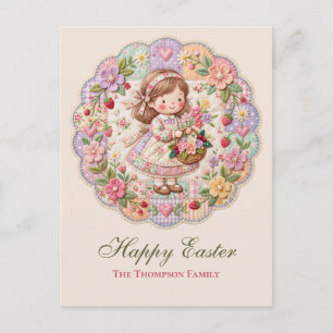Vintage Easter Girl Patchwork Floral Strawberry Holiday Postcard