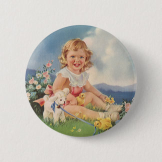 Vintage Easter, Girl with Chicks Lamb in Meadow 6 Cm Round Badge